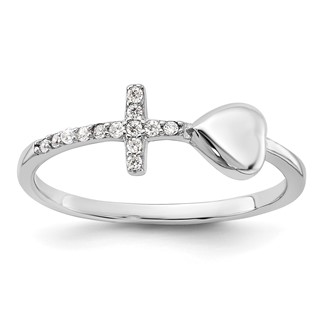 Sterling Silver Rhodium-plated Heart and CZ Cross Ring