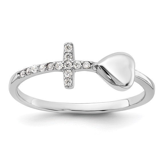 Sterling Silver Rhodium-plated Heart and CZ Cross Ring