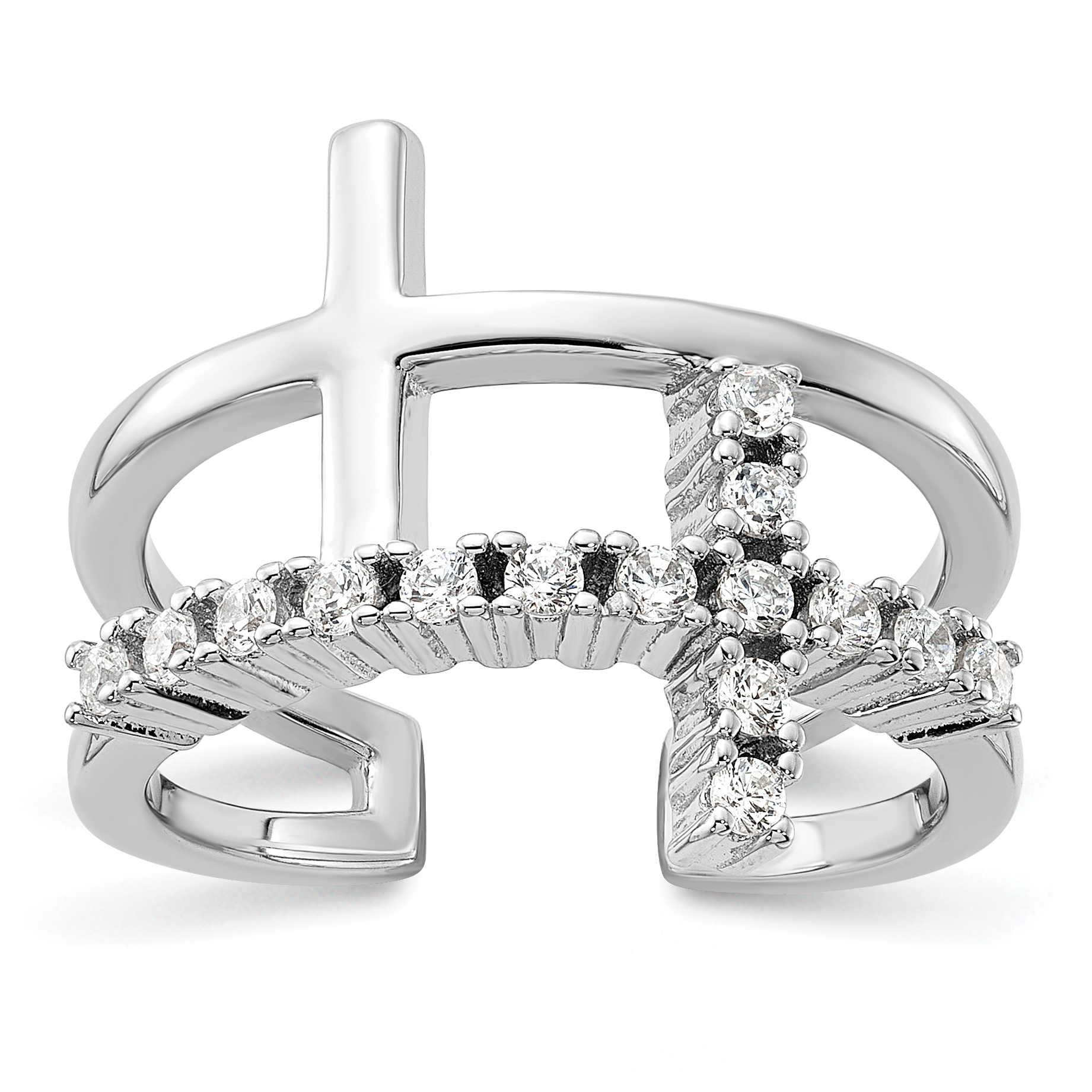 True Fire Sterling Silver Rhodium-plated Double Cross CZ Open Back Ring (QR7487-7)