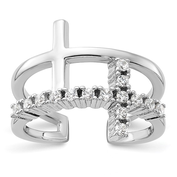 True Fire Sterling Silver Rhodium-plated Double Cross CZ Open Back Ring