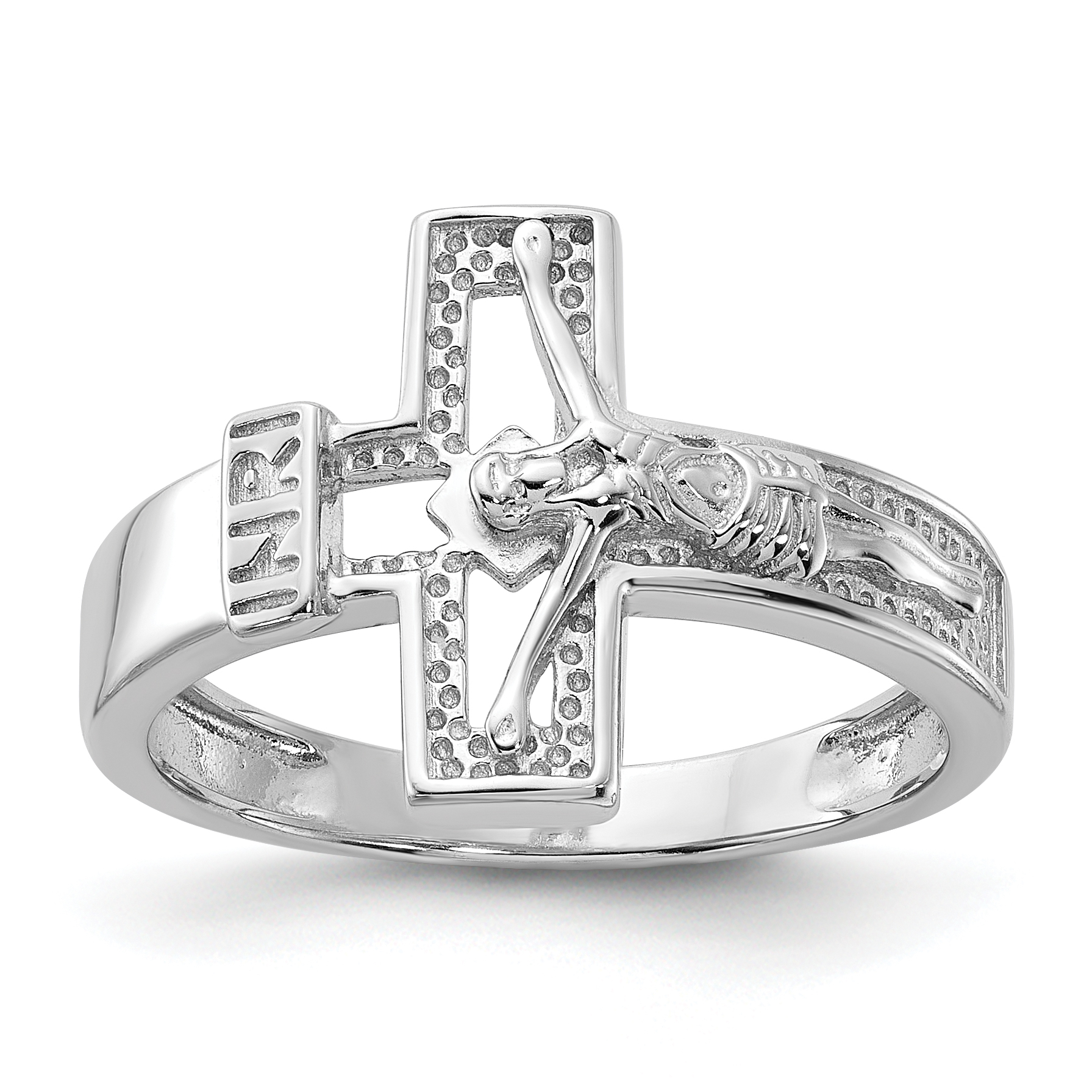 Sterling Silver Rhodium-plated INRI Crucifix Ring (QR7488-6)