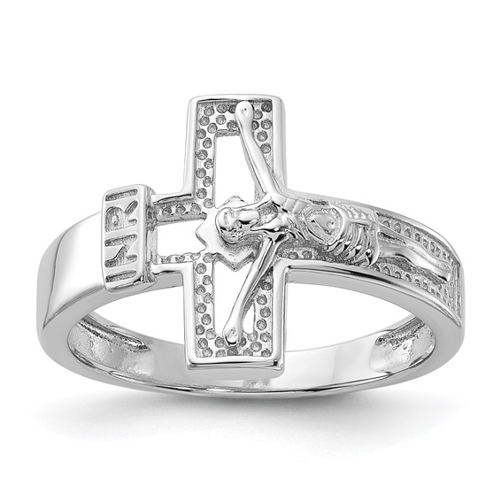 Sterling Silver Rhodium-plated INRI Crucifix Ring