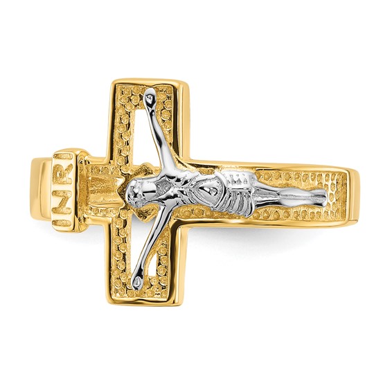 Sterling Silver Rhodium-plated Gold-tone INRI Crucifix Ring