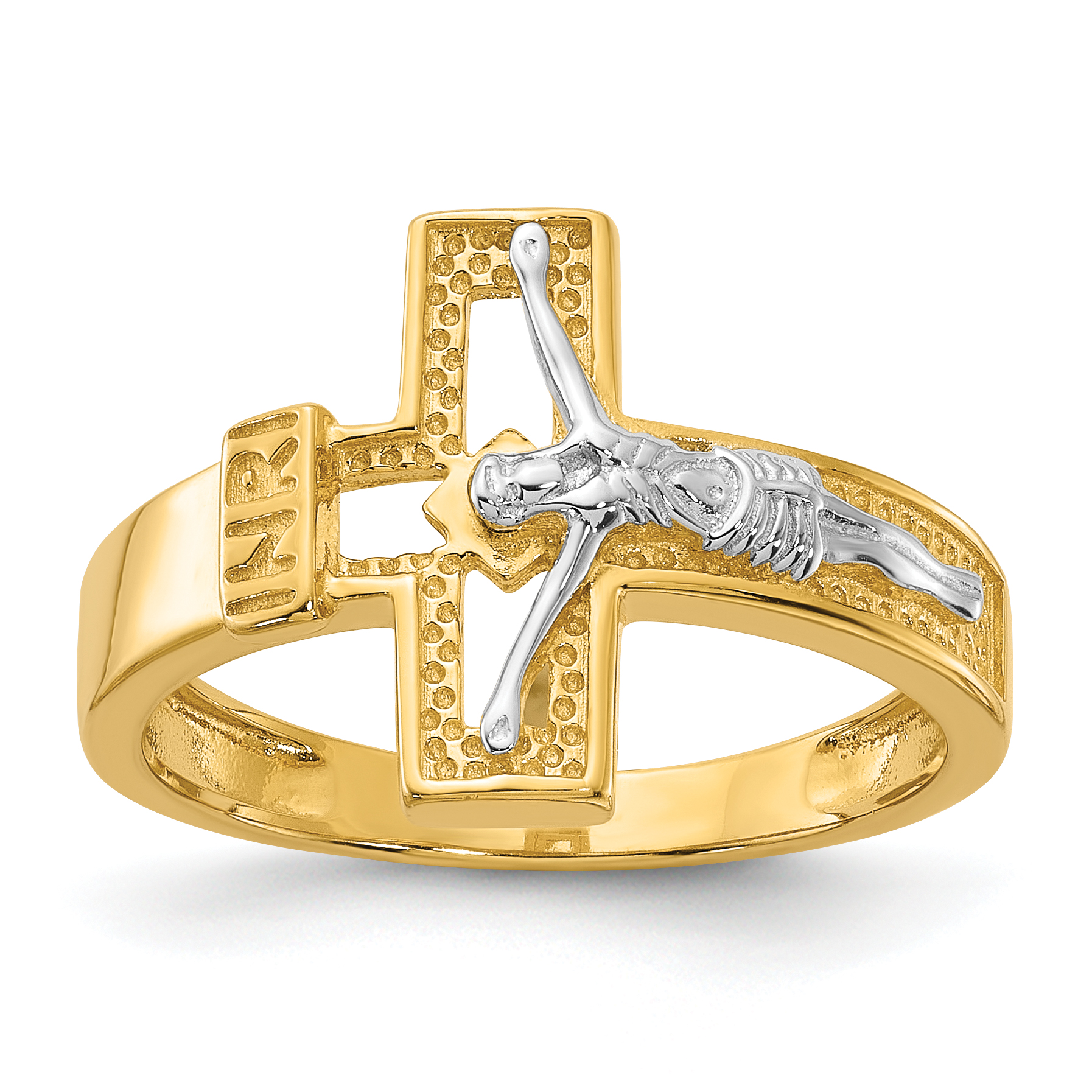 Sterling Silver Rhodium-plated Gold-tone INRI Crucifix Ring (QR7488GP-6)