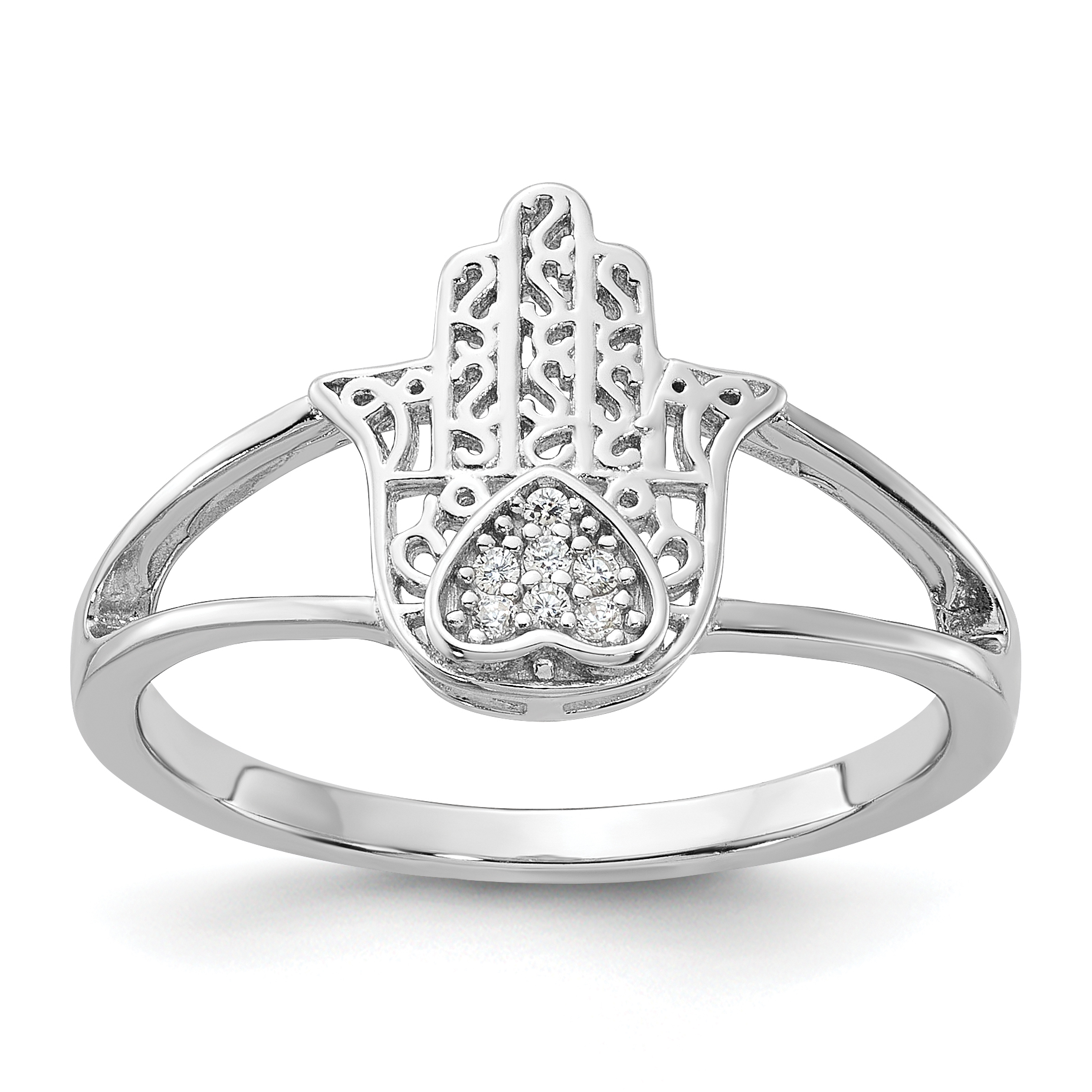 Sterling Silver Rhodium-plated CZ Heart Hamsa Ring (QR7489-6)