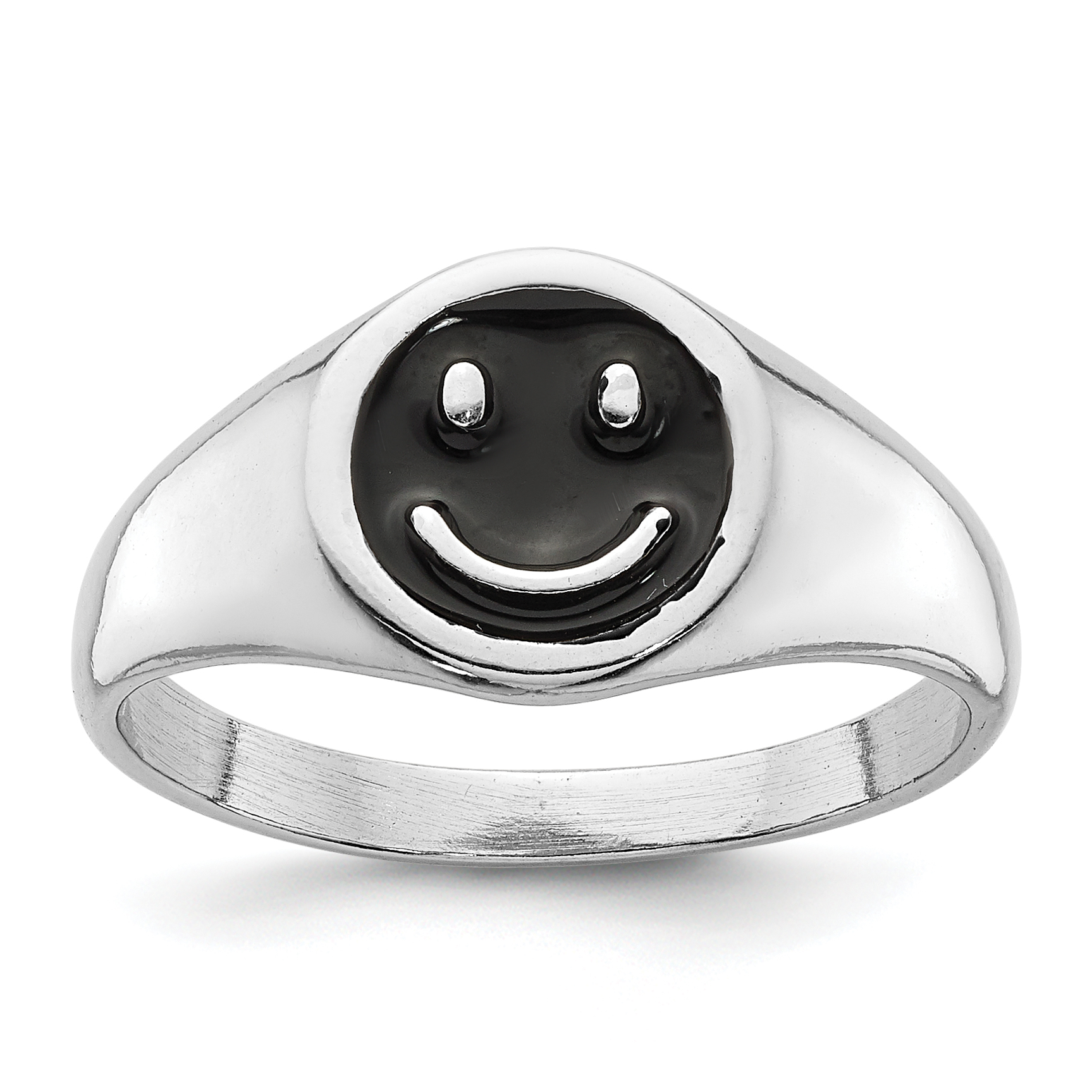 Sterling Silver Rhodium-plated Black Enamel Smiley Face Ring (QR7493-6)