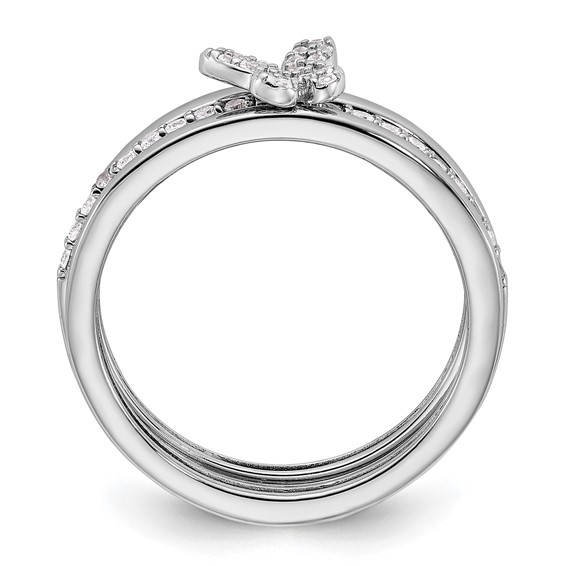 Sterling Silver RH-plated CZ Butterfly Ring with Two Plain Bands 3 Ring Set