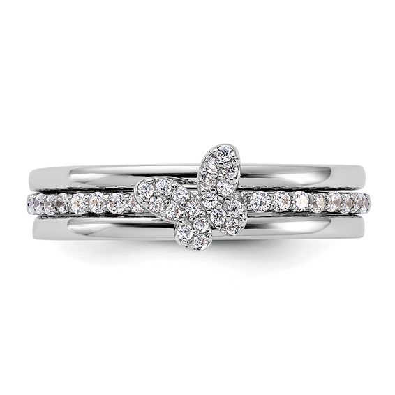 Sterling Silver RH-plated CZ Butterfly Ring with Two Plain Bands 3 Ring Set