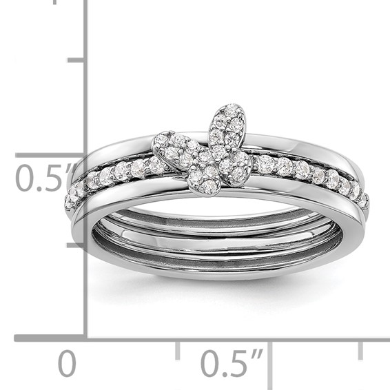 Sterling Silver RH-plated CZ Butterfly Ring with Two Plain Bands 3 Ring Set