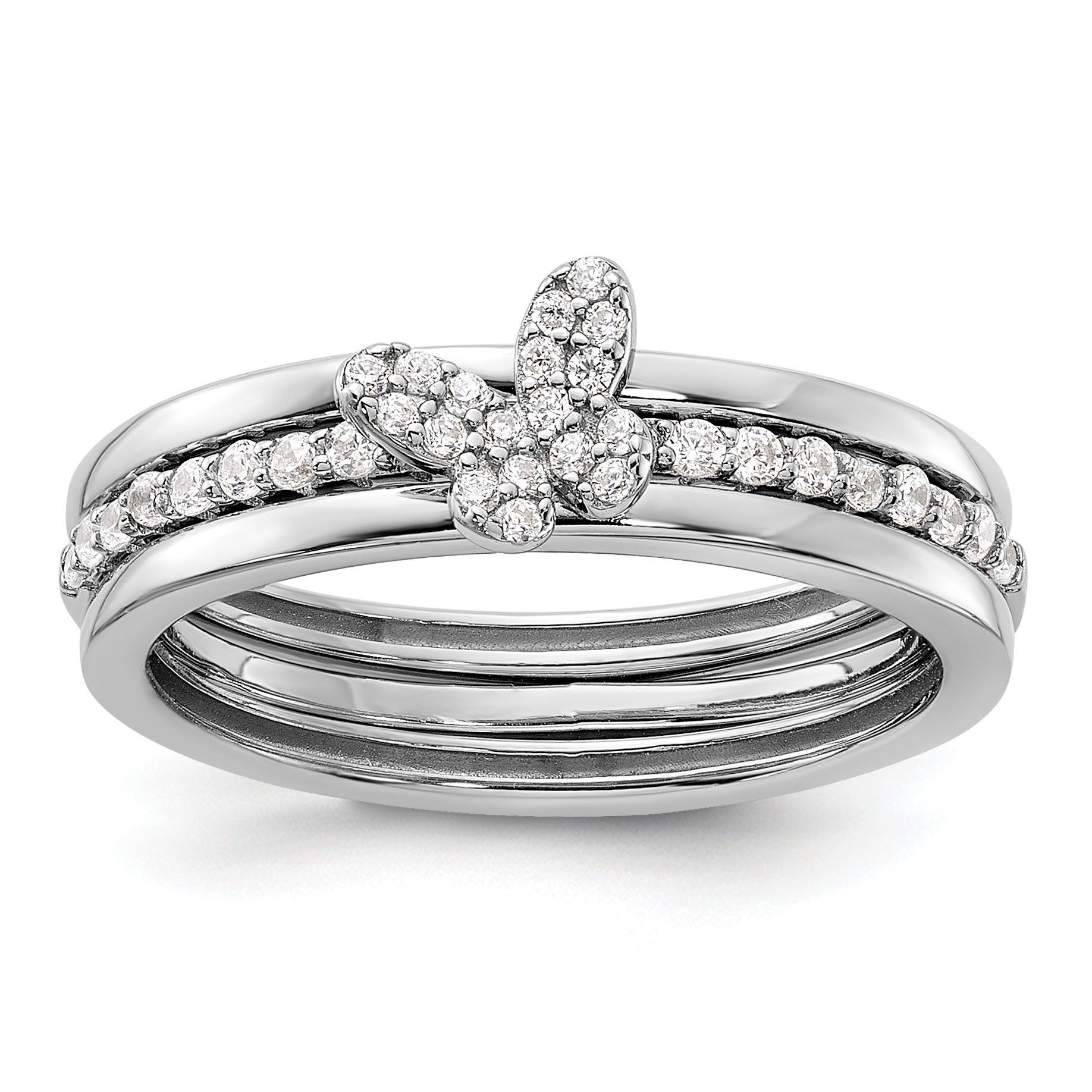 Sterling Silver RH-plated CZ Butterfly Ring with Two Plain Bands 3 Ring Set (QR7494-6)