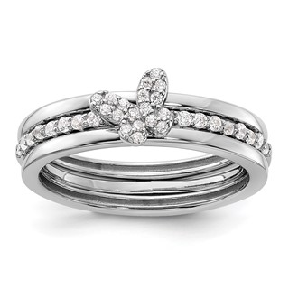 Sterling Silver RH-plated CZ Butterfly Ring with Two Plain Bands 3 Ring Set