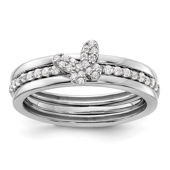 Sterling Silver RH-plated CZ Butterfly Ring with Two Plain Bands 3 Ring Set