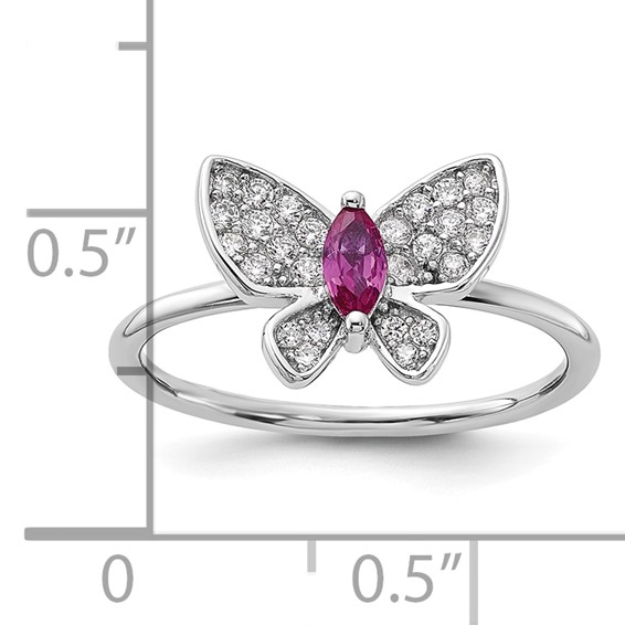 Sterling Silver Rhodium-plated Red and White CZ Butterfly Ring
