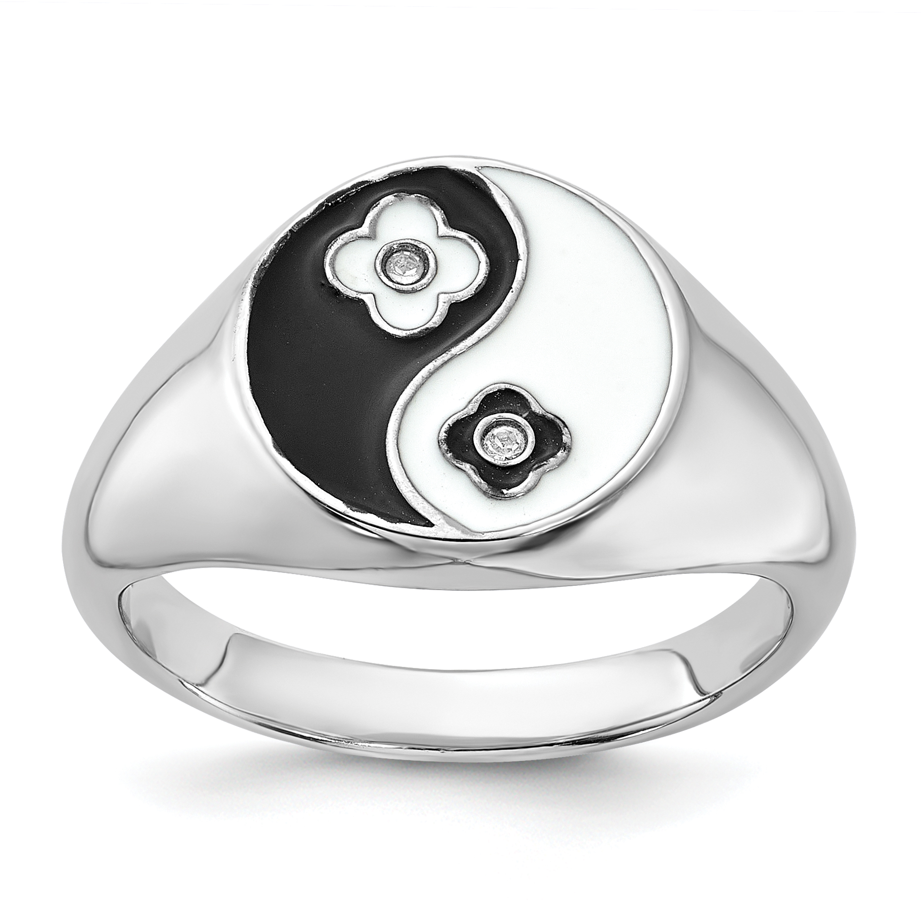Sterling Silver Rhodium-plated Enameled Yin Yang CZ Ring (QR7500-6)