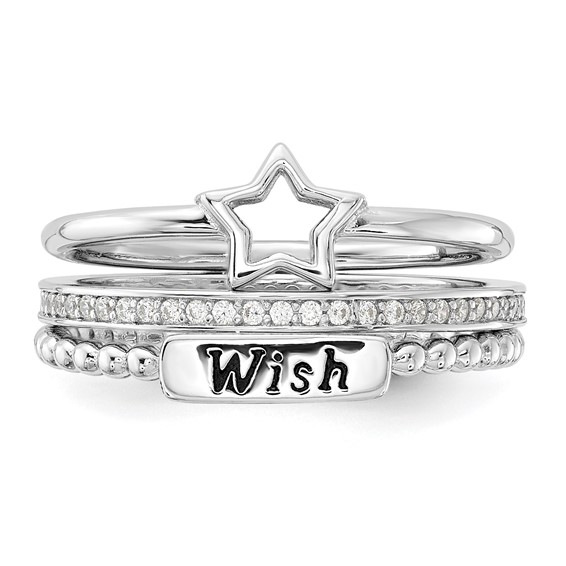 Sterling Silver Rhodium-plated Black Ink CZ Star WISH 3 Ring Set