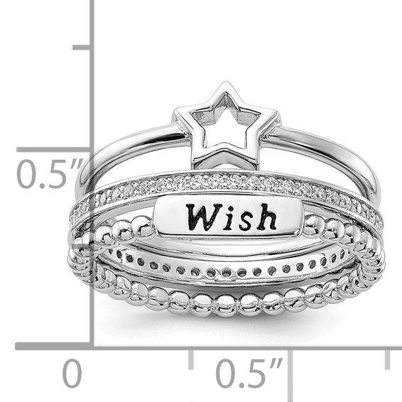 Sterling Silver Rhodium-plated Black Ink CZ Star WISH 3 Ring Set