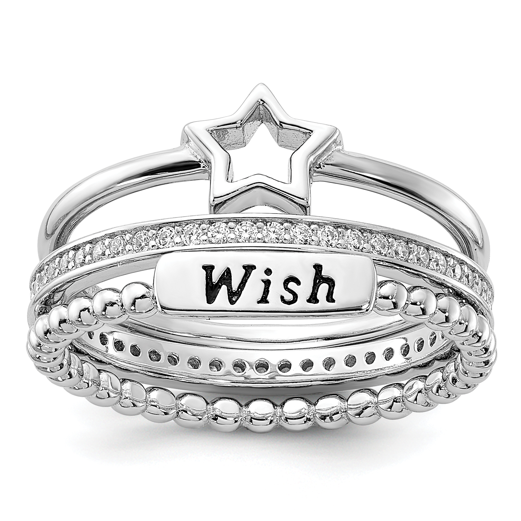 Sterling Silver Rhodium-plated Black Ink CZ Star WISH 3 Ring Set (QR7501-6)
