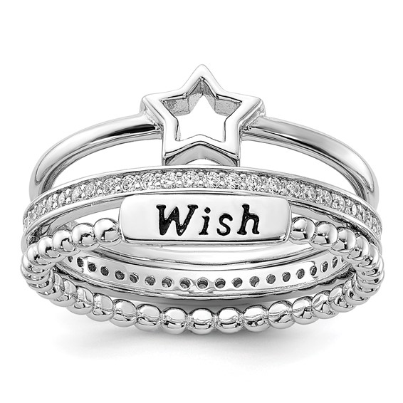 Sterling Silver Rhodium-plated Black Ink CZ Star WISH 3 Ring Set