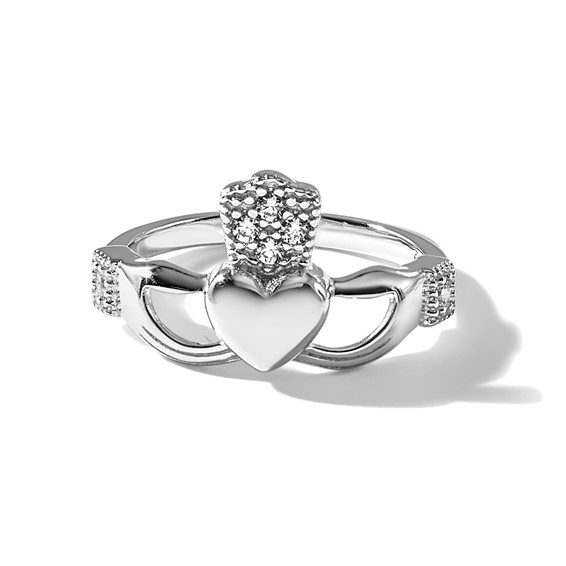 Sterling Silver Rhodium-plated CZ Claddagh Ring