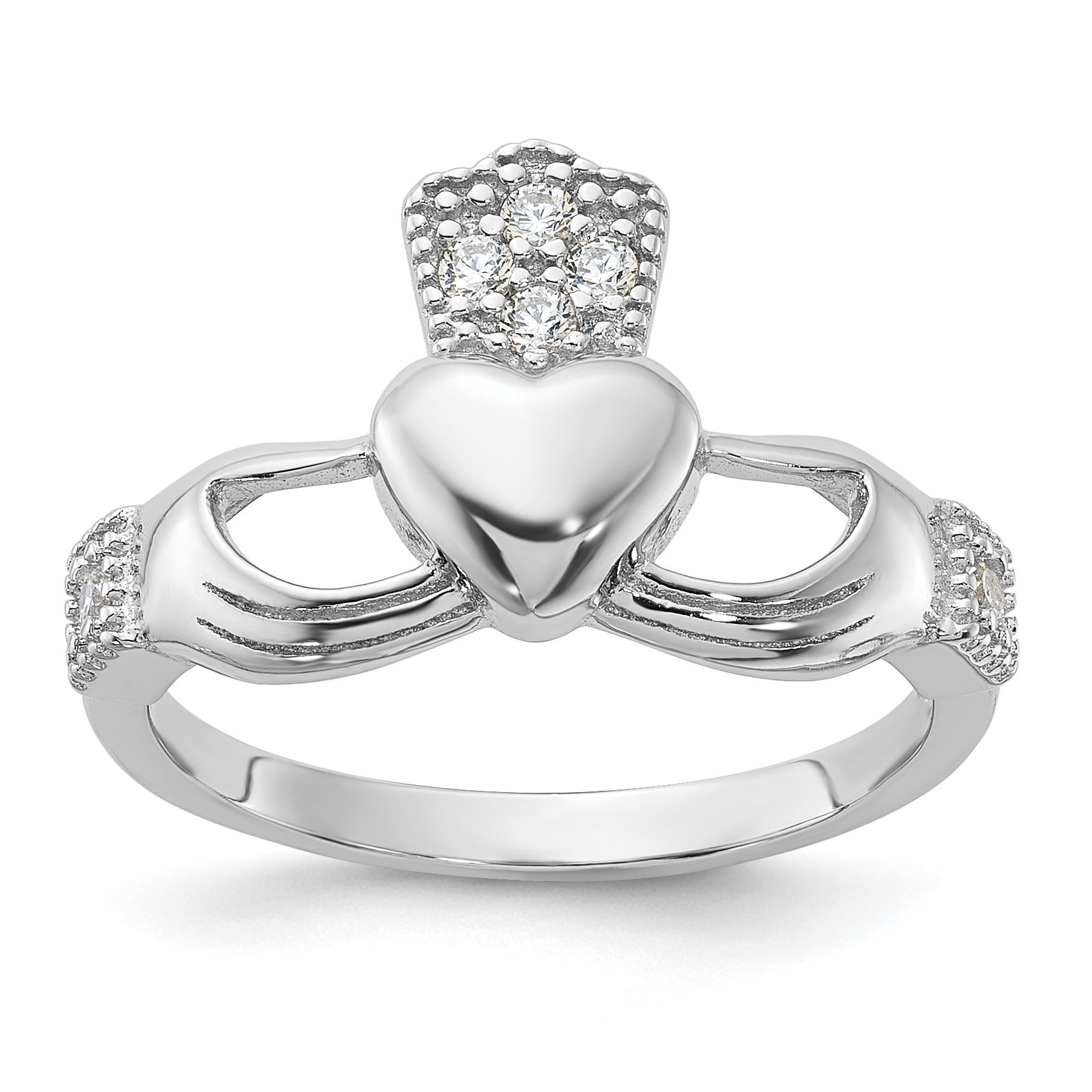 Sterling Silver Rhodium-plated CZ Claddagh Ring (QR7503-6)