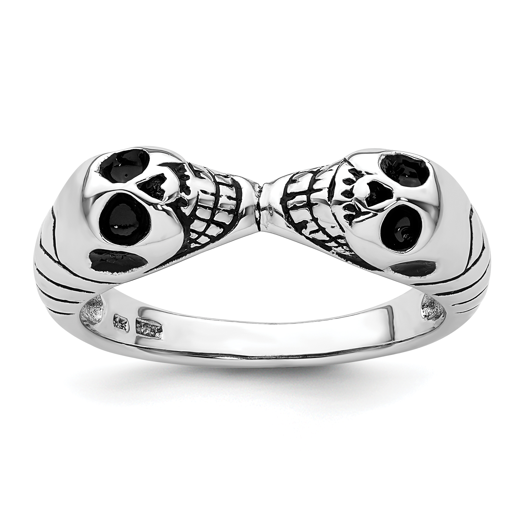 Sterling Silver Rhodium-plated Antiqued Double Skull Ring (QR7529-10)