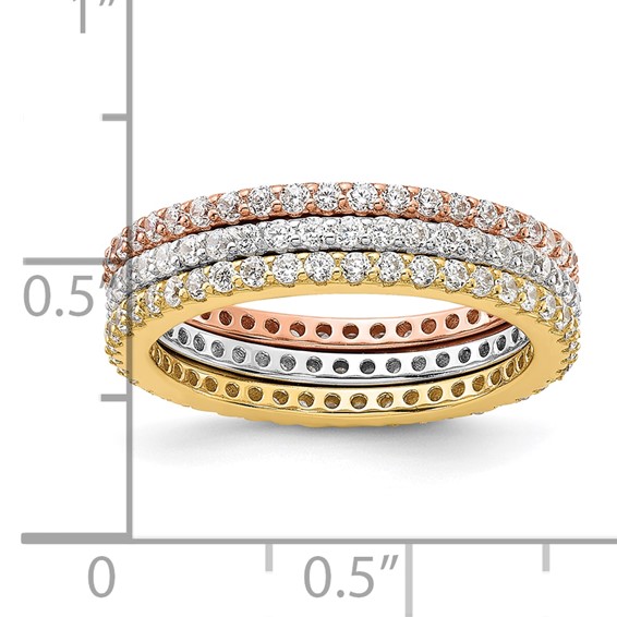 Sterling Silver Rhodium-plated Gold and Rose-tone CZ 3 Eternity Band Set