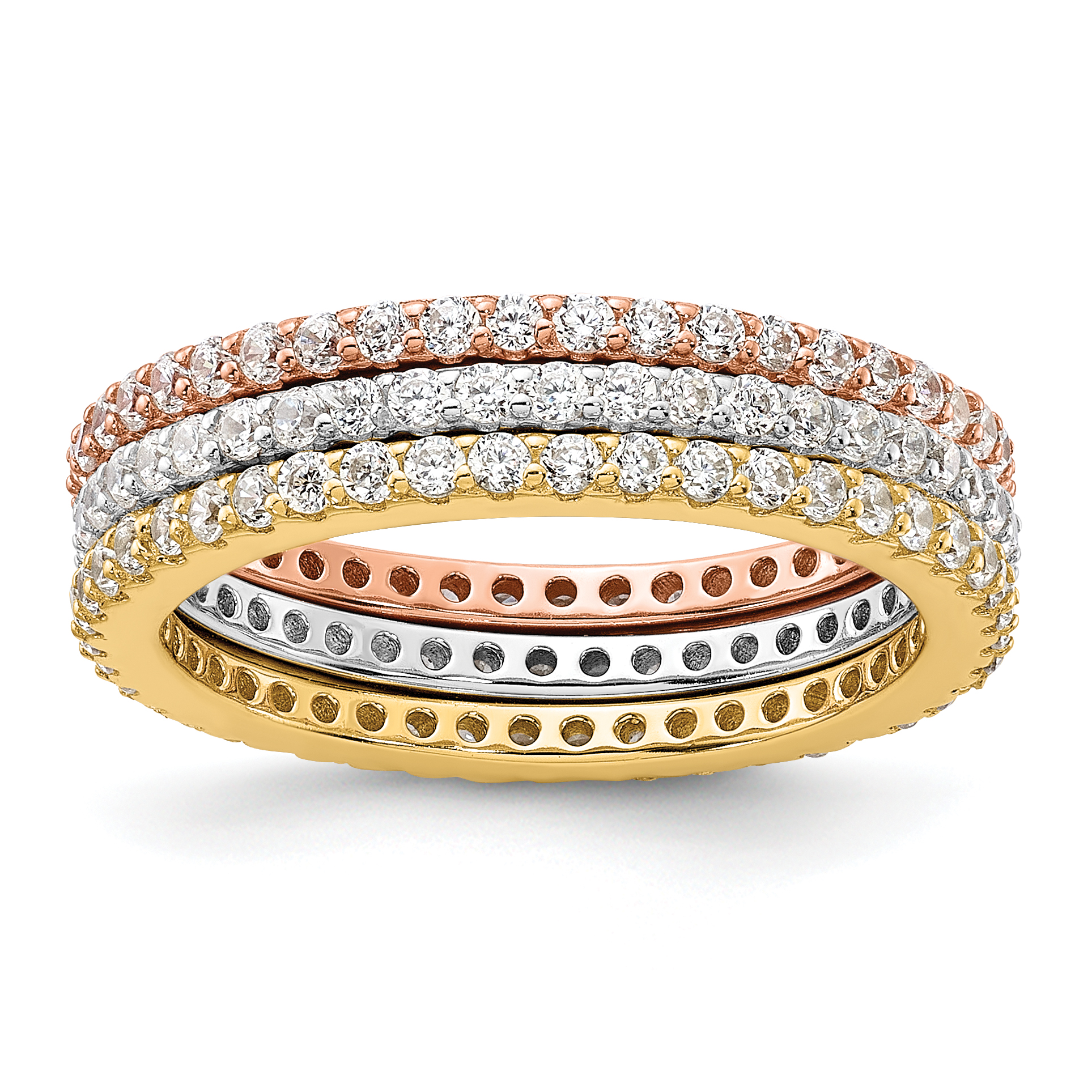 Sterling Silver Rhodium-plated Gold and Rose-tone CZ 3 Eternity Band Set (QR7543-6)