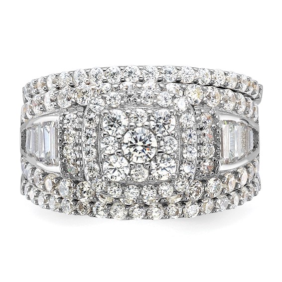 Sterling Silver Rhodium-plated CZ Engagement Ring w/2 Bands 3 Ring Set