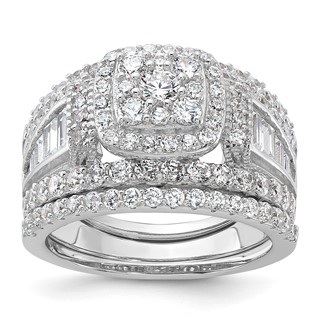 Sterling Silver Rhodium-plated CZ Engagement Ring w/2 Bands 3 Ring Set