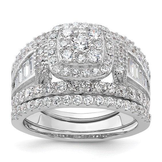Sterling Silver Rhodium-plated CZ Engagement Ring w/2 Bands 3 Ring Set