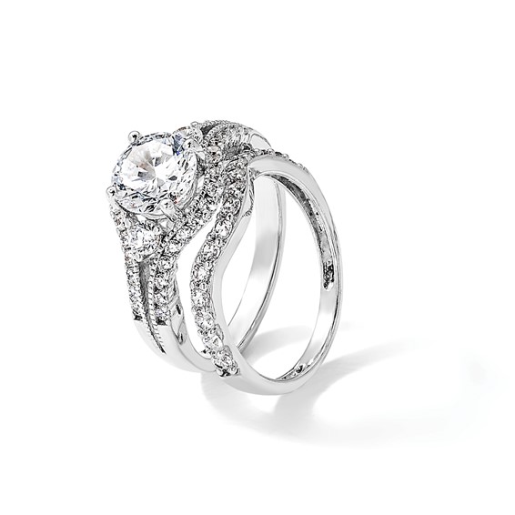 Sterling Silver Rhodium-plated CZ Engagement Ring and Band Set