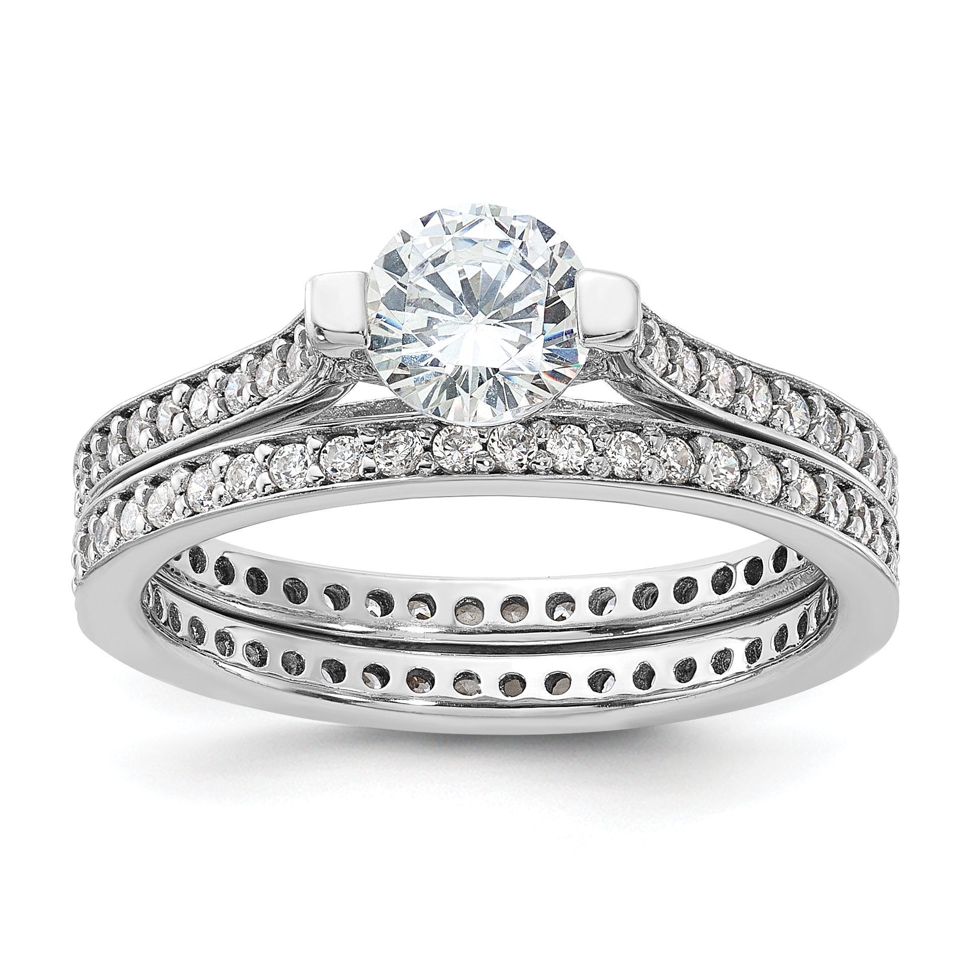 Sterling Silver Rhodium-plated CZ Eternity Engagement Ring and Band Set (QR7548-7)