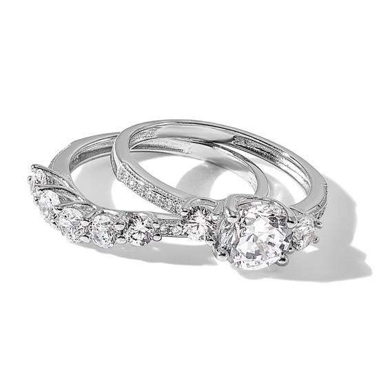Sterling Silver Rhodium-plated CZ Engagement Ring and Band Set