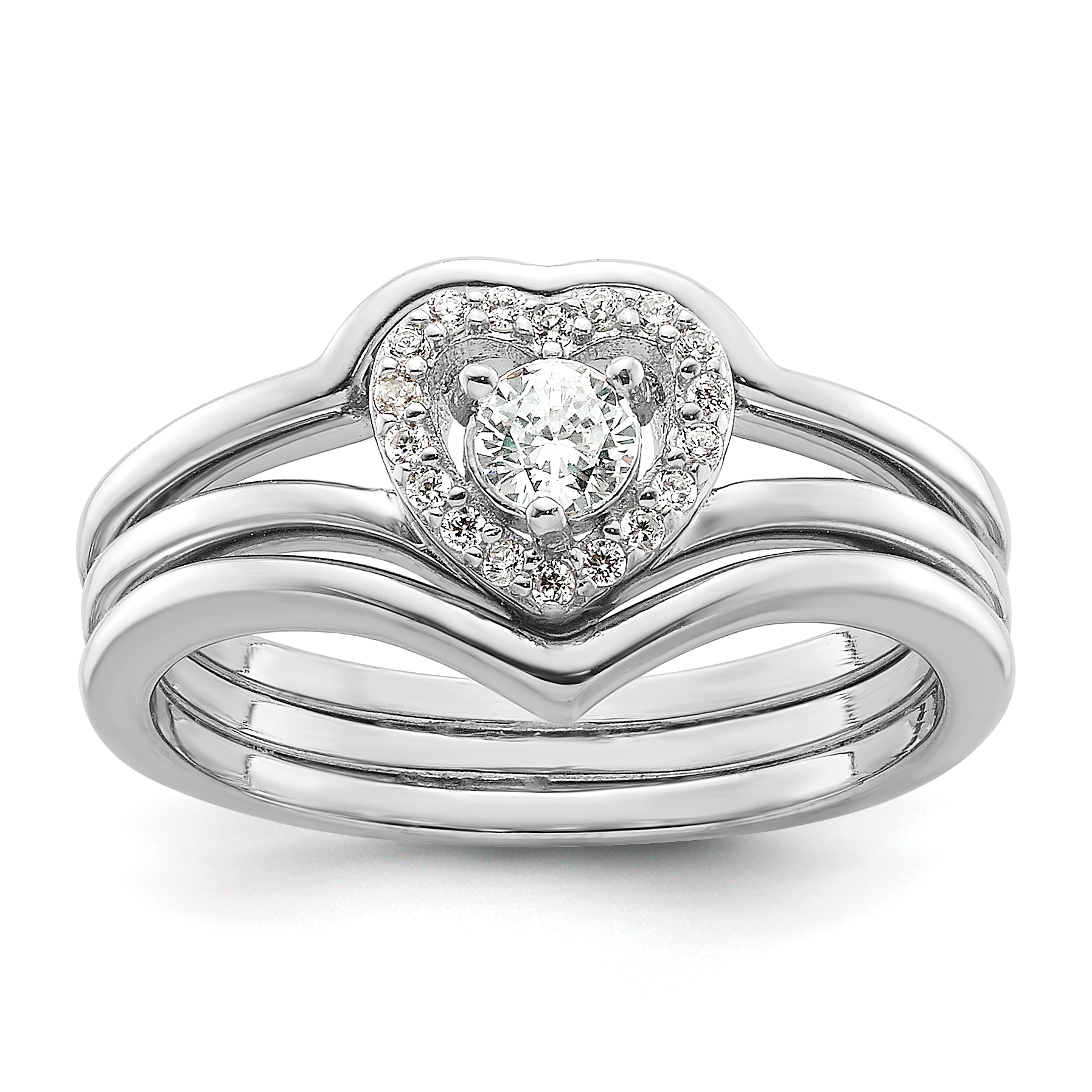 Sterling Silver Rhodium-plated CZ Heart and Bands Three Ring Set (QR7555-7)