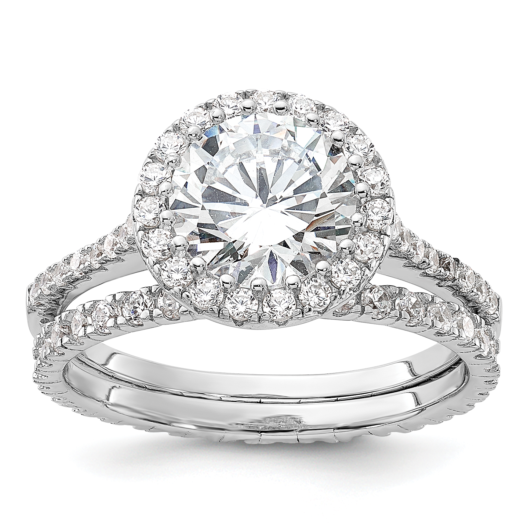 Sterling Silver Rh-plt 11mm CZ Halo Engagement/Eternity Band 2 Ring Set (QR7556-6)
