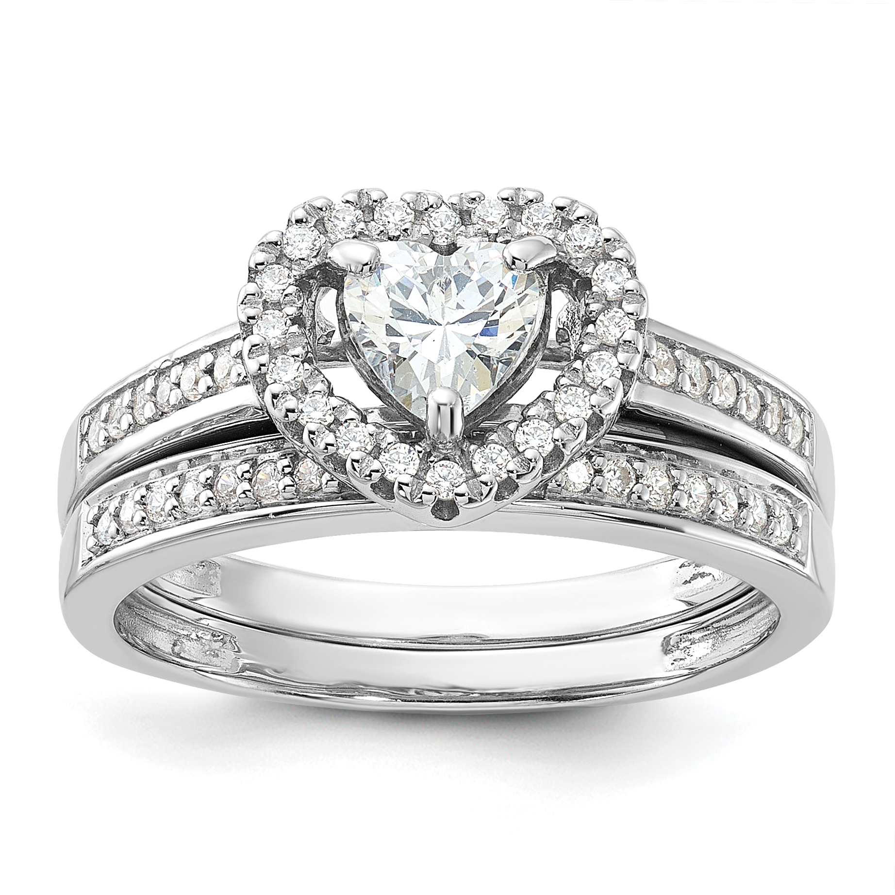 Sterling Silver Rhodium-plated CZ Heart and Band 2 Ring Set (QR7557-7)