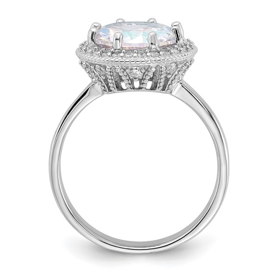 Sterling Silver Rhodium-plated Clear and Iridescent CZ Rnd Halo Ring