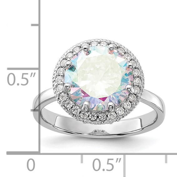 Sterling Silver Rhodium-plated Clear and Iridescent CZ Rnd Halo Ring