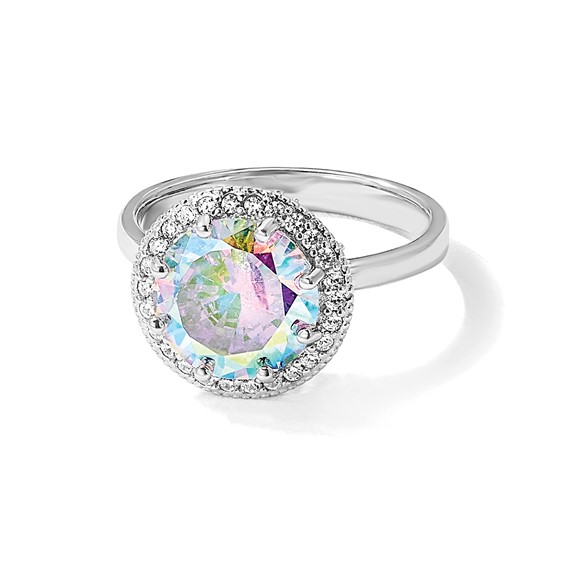 Sterling Silver Rhodium-plated Clear and Iridescent CZ Rnd Halo Ring