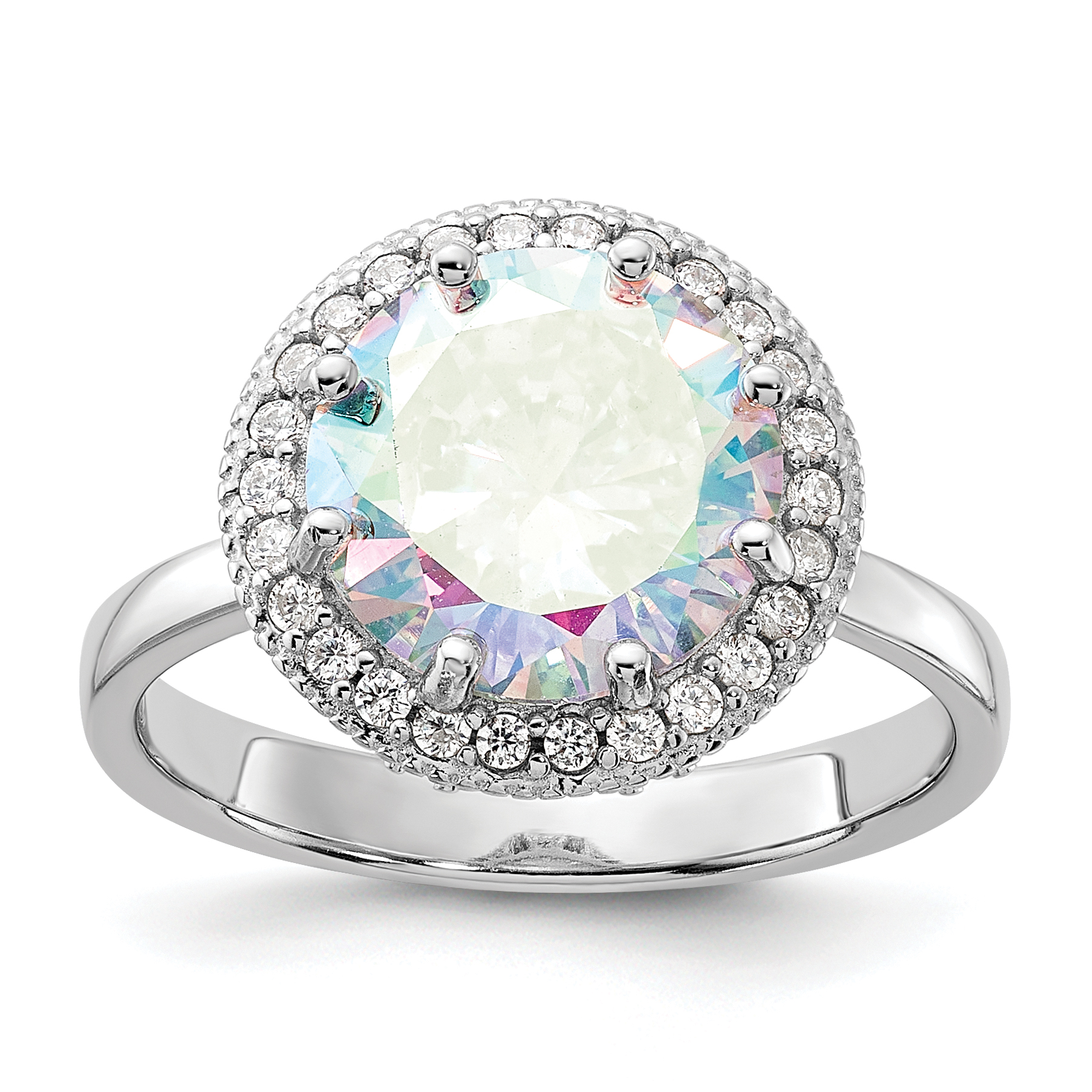 Sterling Silver Rhodium-plated Clear and Iridescent CZ Rnd Halo Ring (QR7573-6)