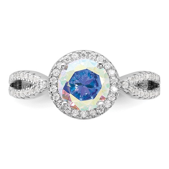 Sterling Silver Rhodium-plated Iridescent CZ Halo Ring