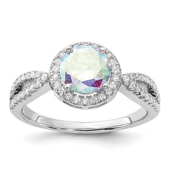 Sterling Silver Rhodium-plated Iridescent CZ Halo Ring