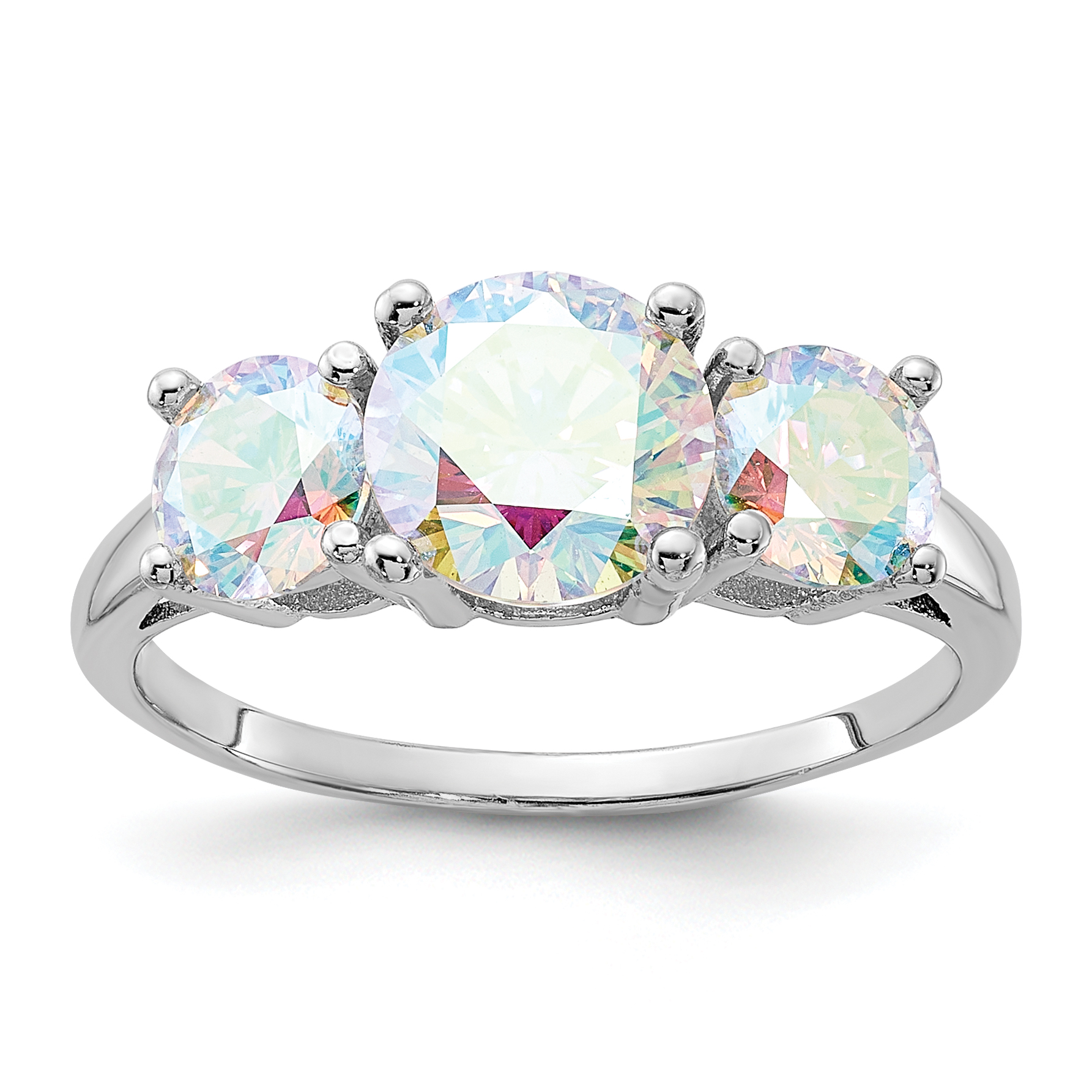 Sterling Silver Rhodium-plated Iridescent CZ 3-Stone Ring (QR7575-6)
