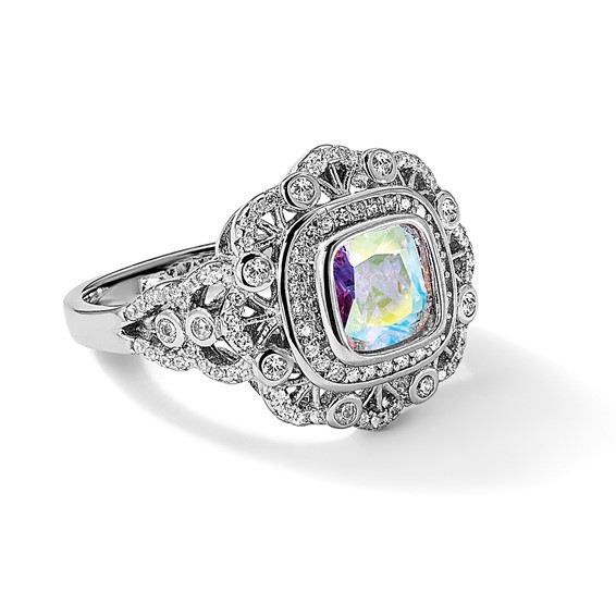 Sterling Silver Rhodium-plated Clear and Iridescent CZ Ring