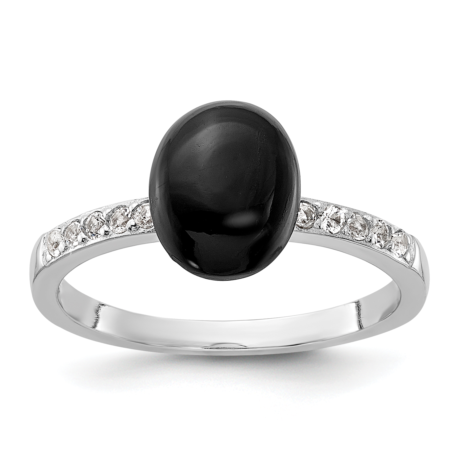 Sterling Silver Rhodium-plated Onyx and .2WT White Topaz Ring (QR7586-6)