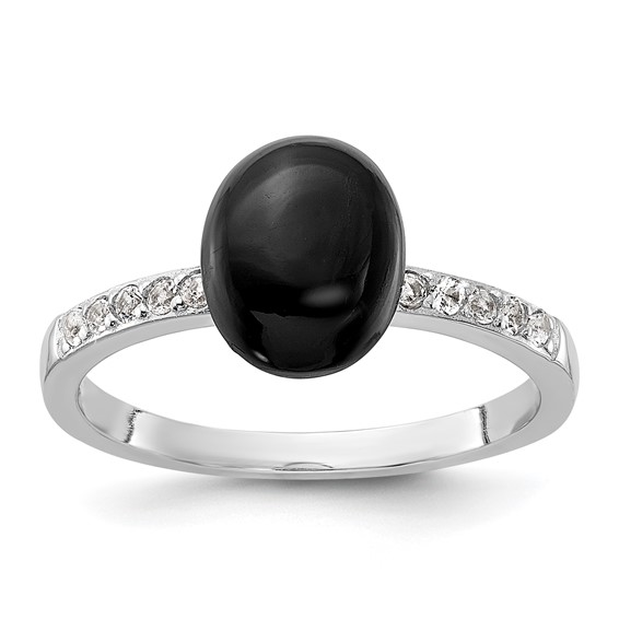 Sterling Silver Rhodium-plated Onyx and .2WT White Topaz Ring