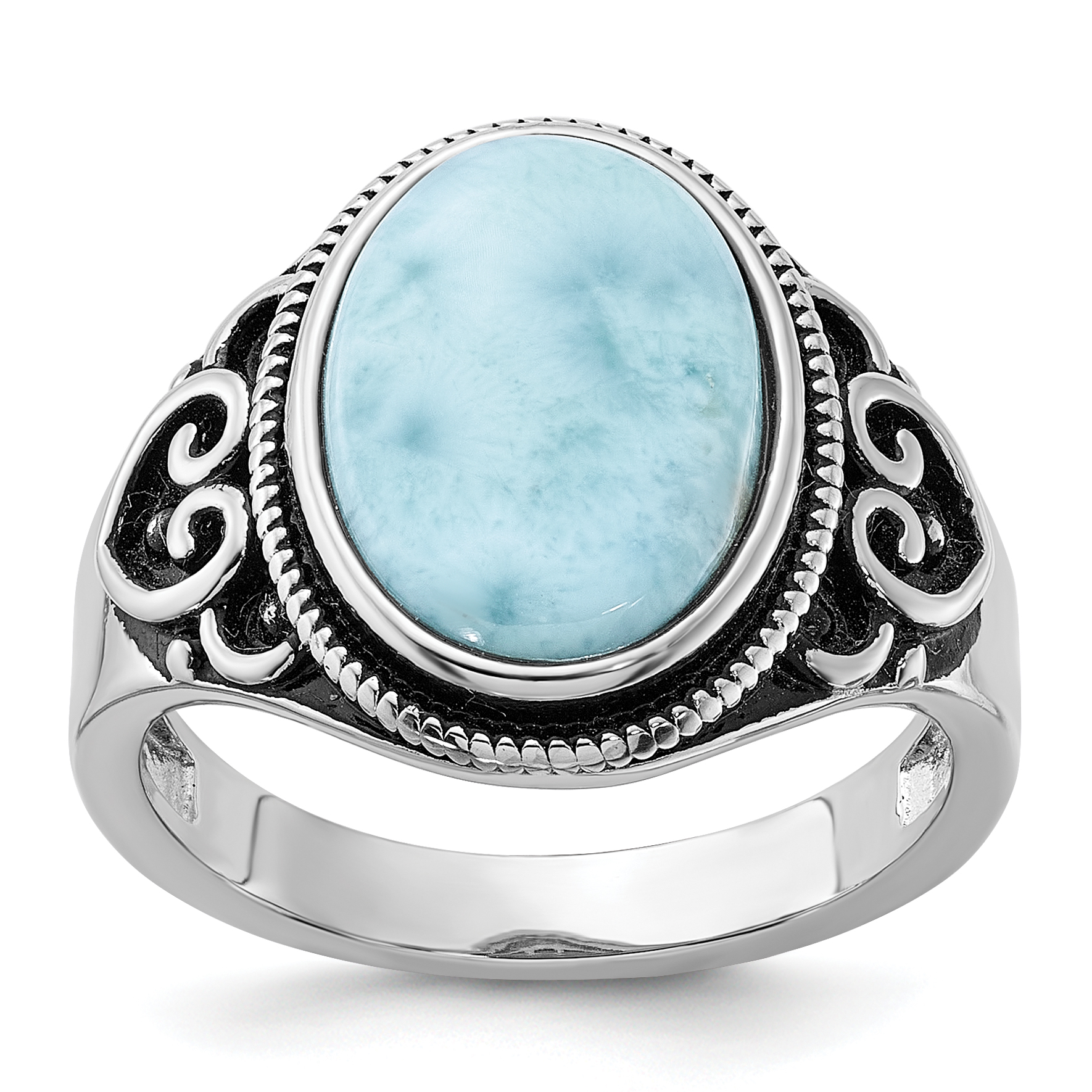 Sterling Silver Rhodium-plated Oxidized with Larimar Ring (QR7594-6)