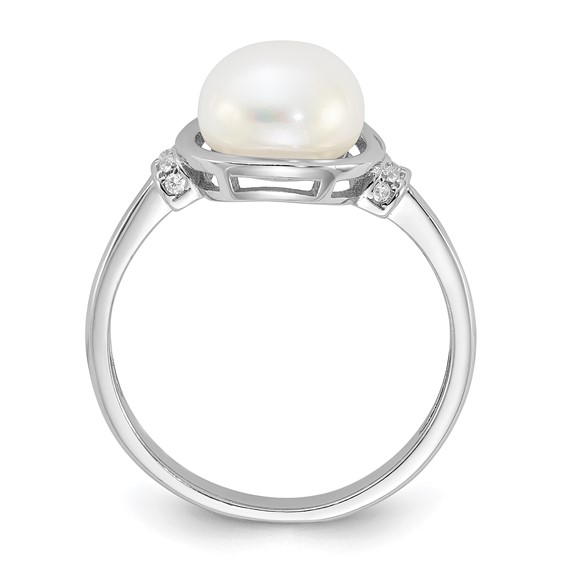 Sterling Silver Rhodium-plated 8-9mm White Button Freshwater Cultured Pearl and CZ Circle Ring