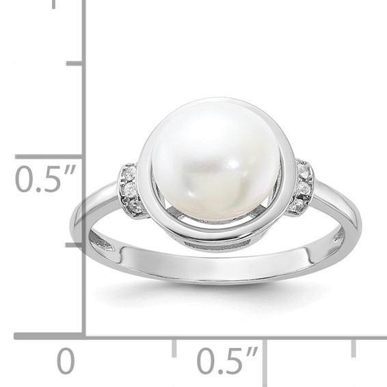 Sterling Silver Rhodium-plated 8-9mm White Button Freshwater Cultured Pearl and CZ Circle Ring
