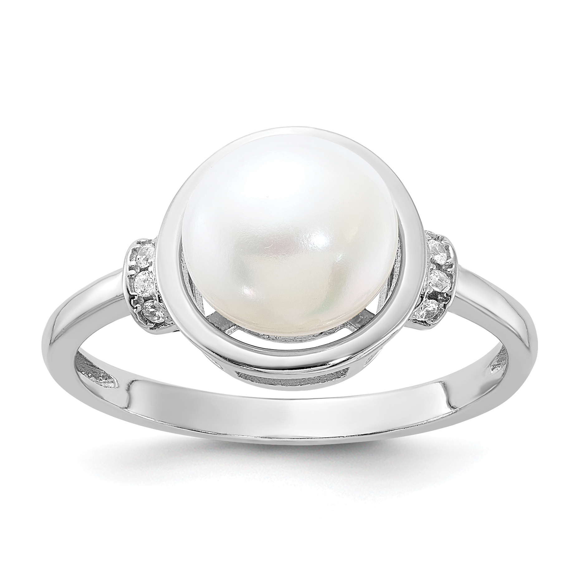 Sterling Silver Rhodium-plated 8-9mm White Button Freshwater Cultured Pearl and CZ Circle Ring (QR7595-8)